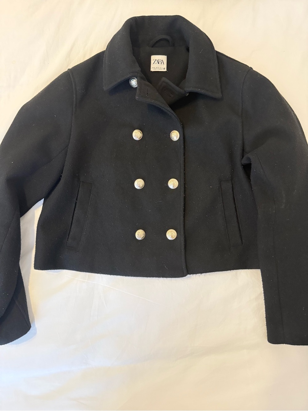 Zara Black Double-Breasted Short Peacoat